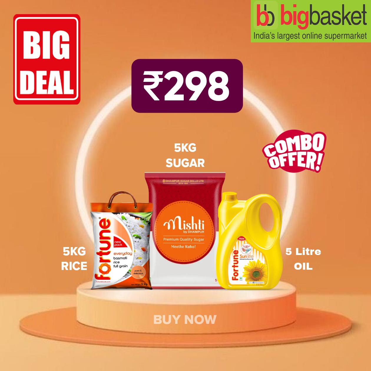 Big Basket Offer today: Combo of 5 kg Fortune oil+ 5 kg sugar+ 5 kg Basmati rice